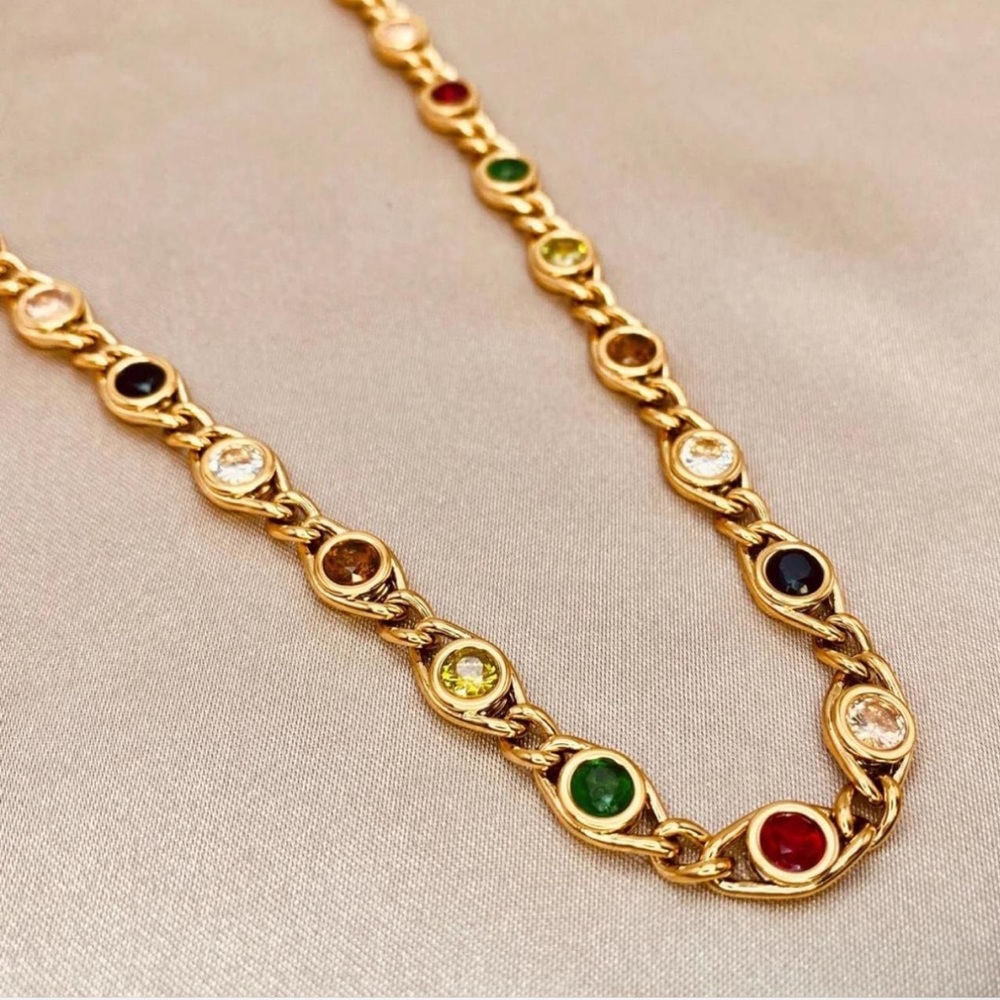 Elegant Gold Necklace with Multicolor Gemstones